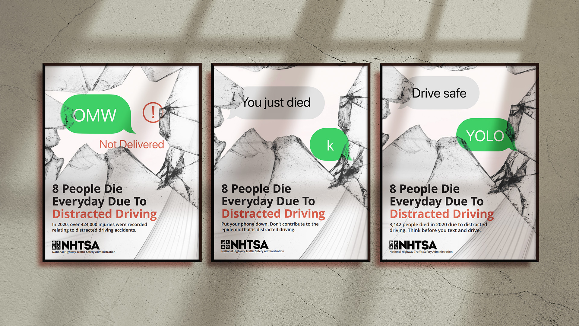 Set of 3 distracted driving psa posters on a wall